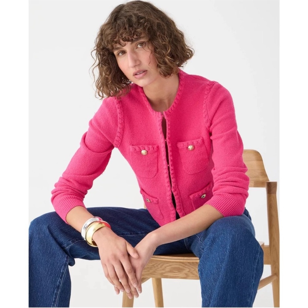 J.Crew Odette Sweater Lady Jacket Chanel Style Boucle Hot Pink Size Medium